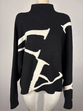 AllSaints Black A Star Wool Blend Jumper Mock Roll Neck Graphic Knit L